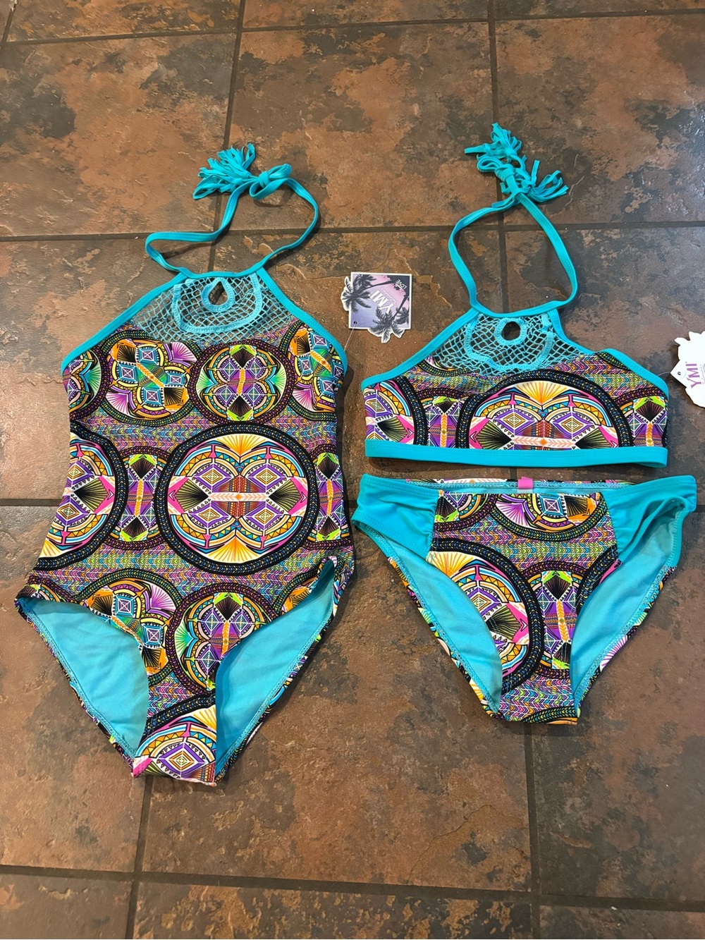 🌿YMI Turquoise Multicolor Geo Halter One-Piece & Bikini Set